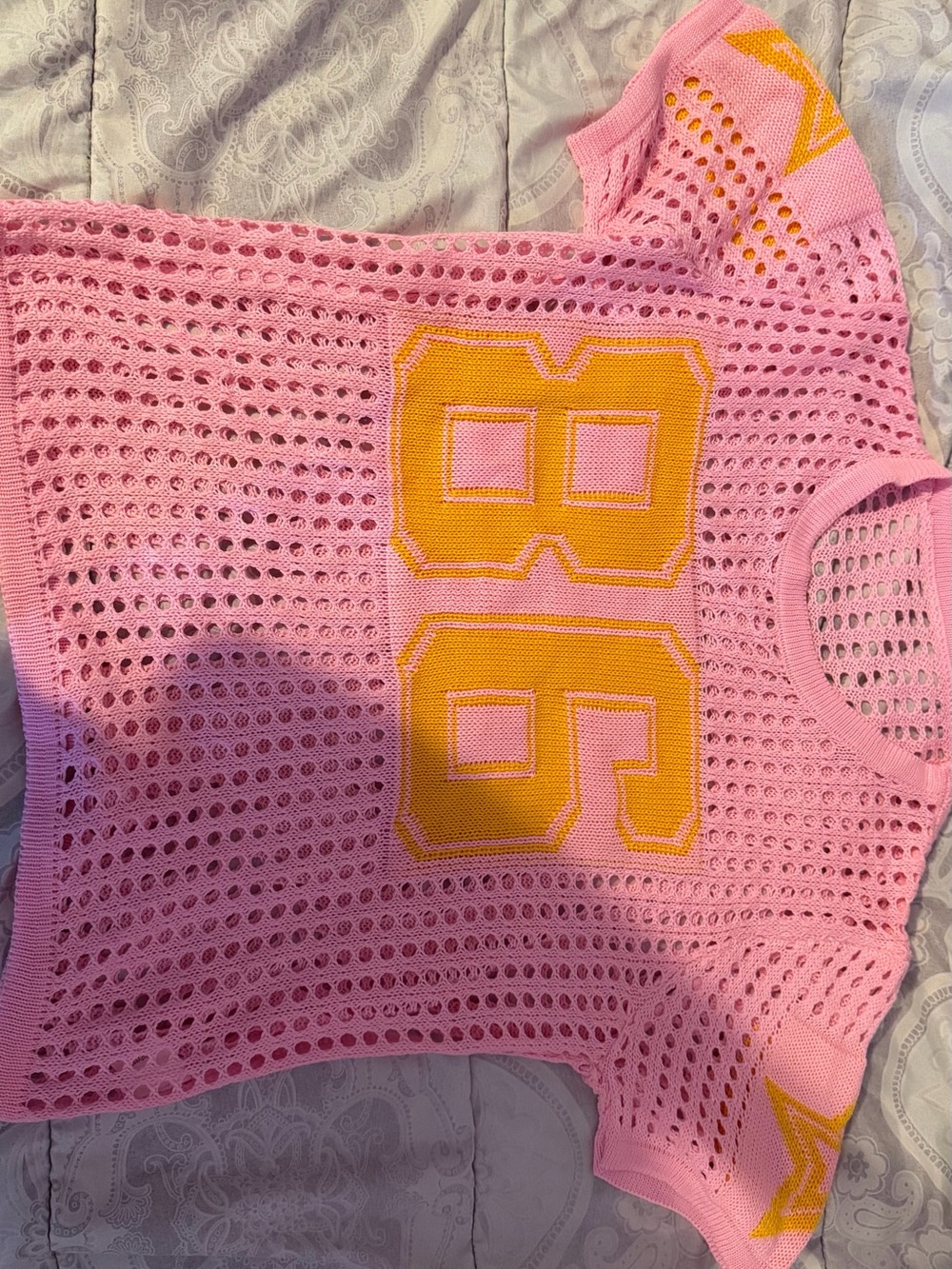 Pink Mesh Knit Jersey Top with Yellow '86' Accent